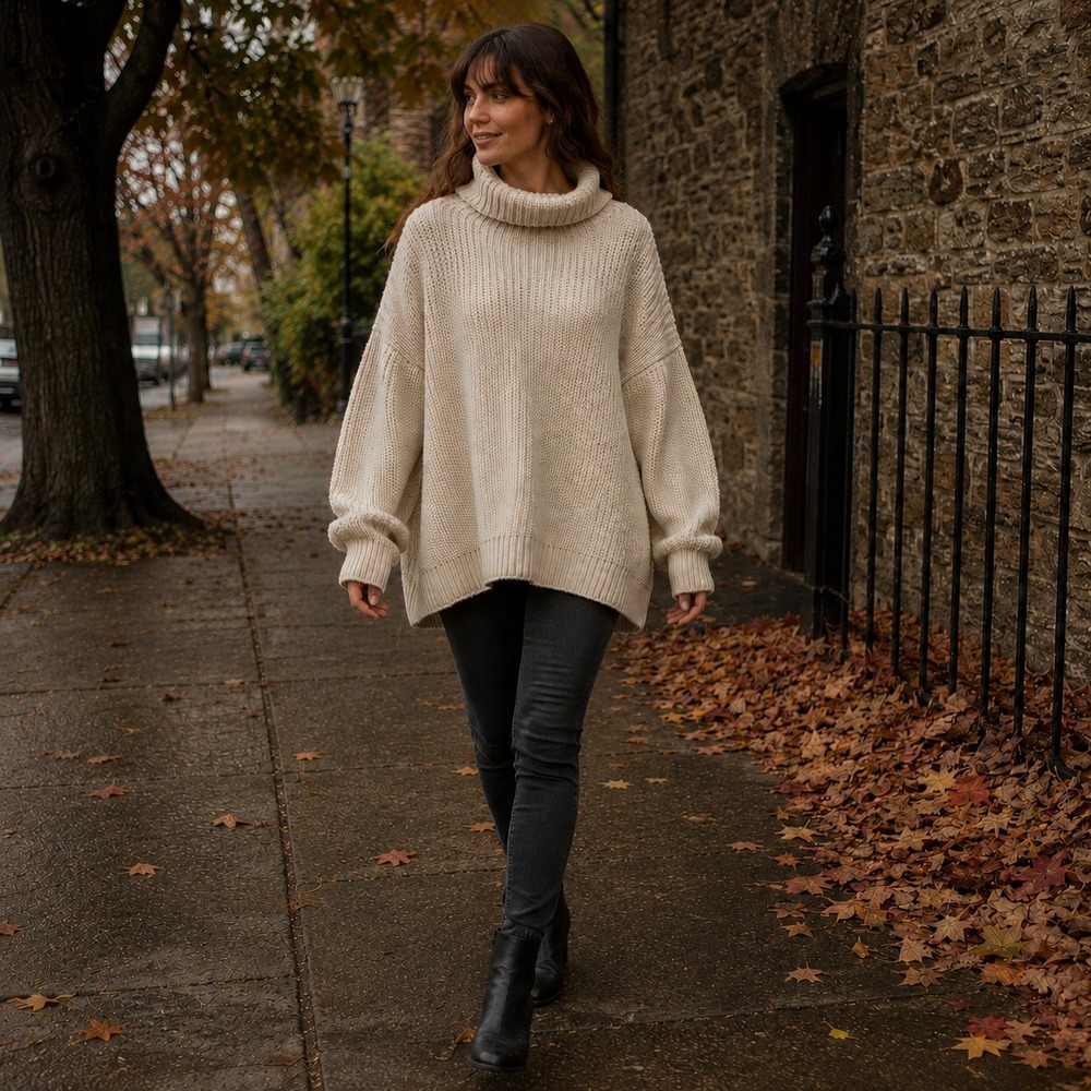 Free People Sweater L Cream Oversized Chunky Rib Knit Turtleneck Tunic Cotton